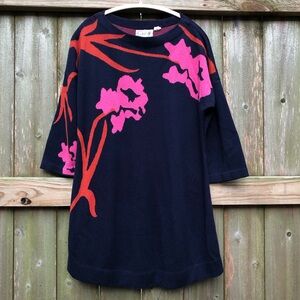 Field Flower Anthro Floral Sweater Silk Blend Size XL Navy Pink Red 3/4 Sleeve